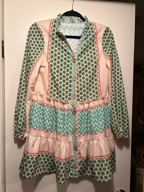 SHEIN Multi-Print Ruffle Button-Front Boho Dress in Green, Pink, Teal